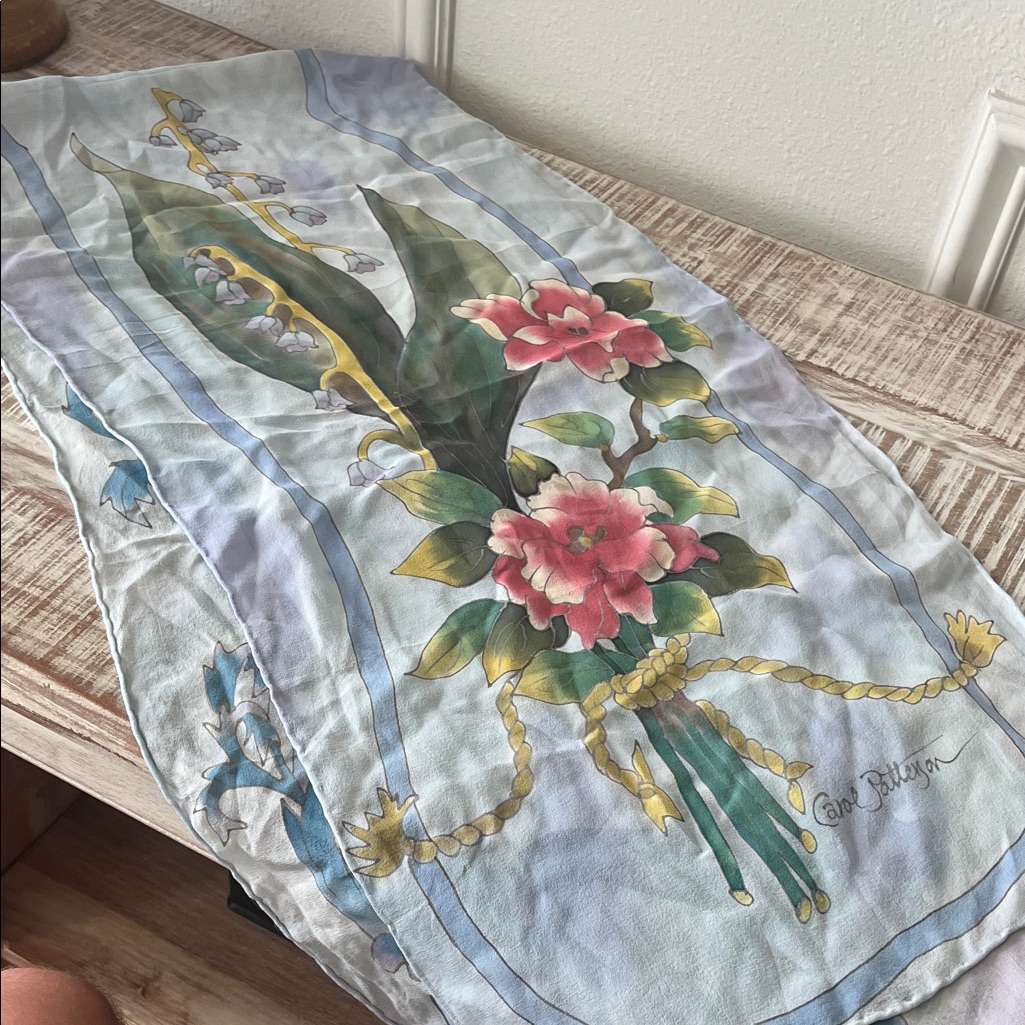 Carol Patterson Silk Scarf Floral Silk Scarf With Blue And Yellow Accents